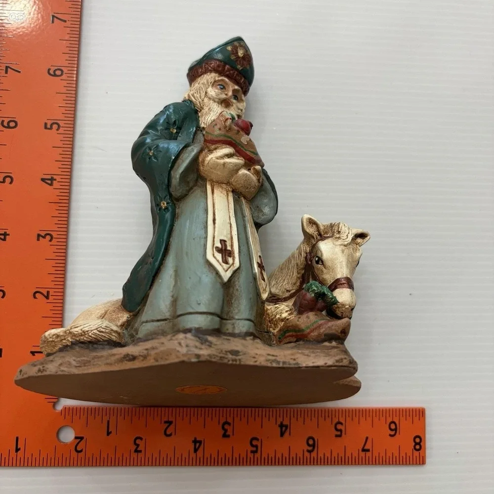 Vintage 1993 Wood World Santa With White Horse Green Robe Saint Nicholas